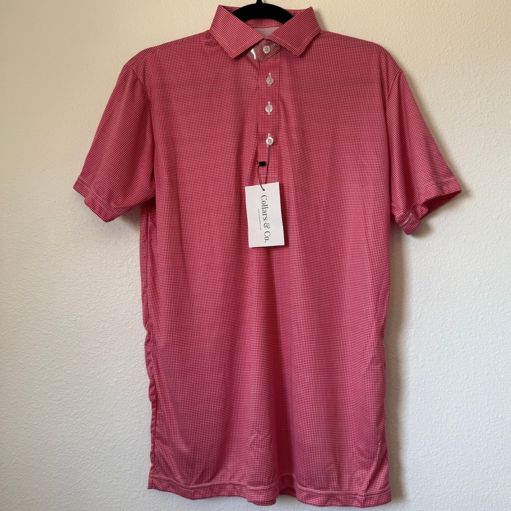 Collars & Co Mens Dress Collar Polo Shirt Red White Houndstooth Small NWT NEW
